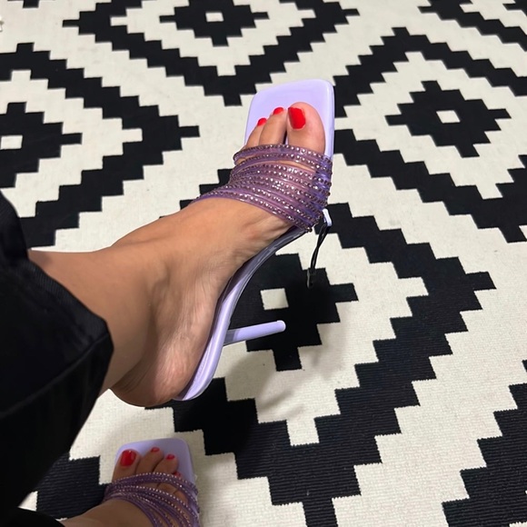 Zara Purple Vinyl Square Toe Rhinestone Mules Slides Heels 37(6.5) - Picture 7 of 7